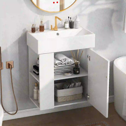 Floating Bathroom Vanity, Ceramic Basin, Side Storage, Rose Gold Handle, 21.5" L x 12" W x 26.5" H, White Sink Cabinets at Gallery Canada