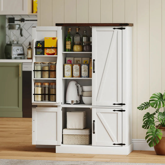 53.5 Inch Pantry Cabinet, Adjustable Shelves, 6 Door Spice Racks, White Kitchen Pantry Cabinets White at Gallery Canada
