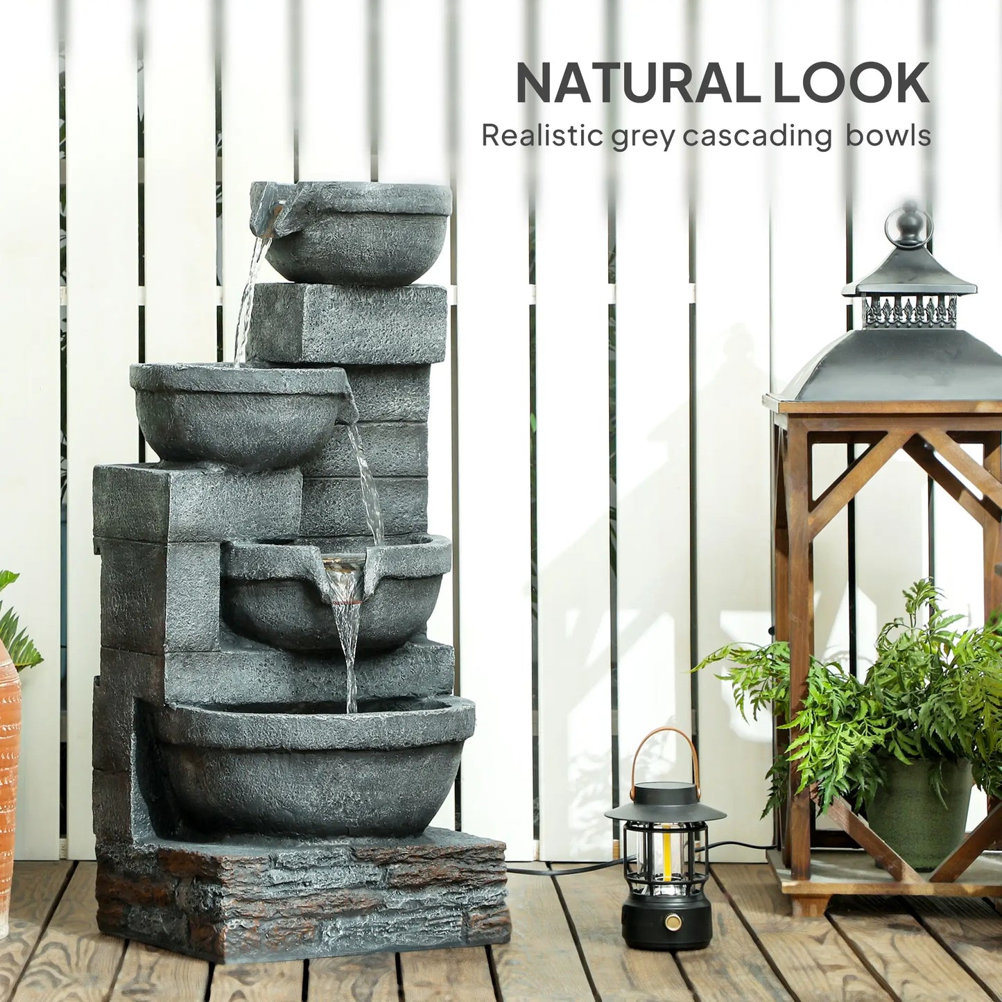 30" Tall Outdoor Water Fountain, LED Lights, 4-Tier Resin Bowls, Grey Water Fountains at Gallery Canada