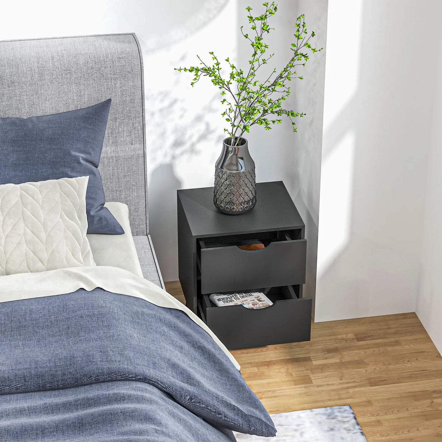 Modern Bedside Table, Nightstand with 2 Drawers, Pine Wood Legs, Black Bedside Tables at Gallery Canada