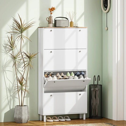 Narrow Shoe Cabinet, 4 Flip Drawers, Adjustable Shelves, Holds 24-32 Pairs, White Shoe Storage Cabinets & Racks White, Oak at Gallery Canada