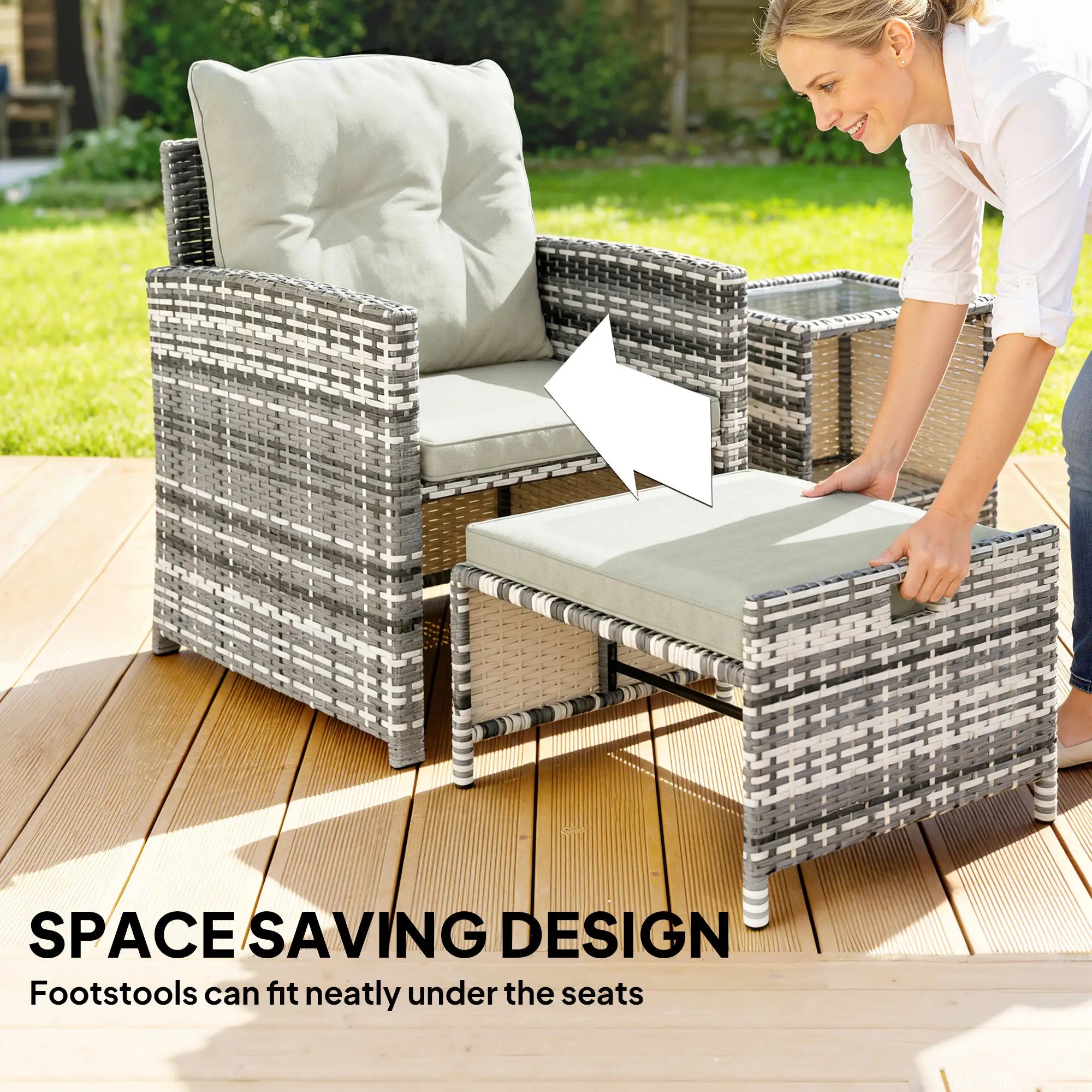 5 Piece Patio Furniture Set, Wicker Chairs With Ottomans, 2-Tier Glass Coffee Table, Grey/Cream White Patio Furniture Sets at Gallery Canada