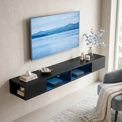 TV Stand with RGB LED Lights, Entertainment Center with Open Shelves for 75 Inch TV, Black Wood Grain