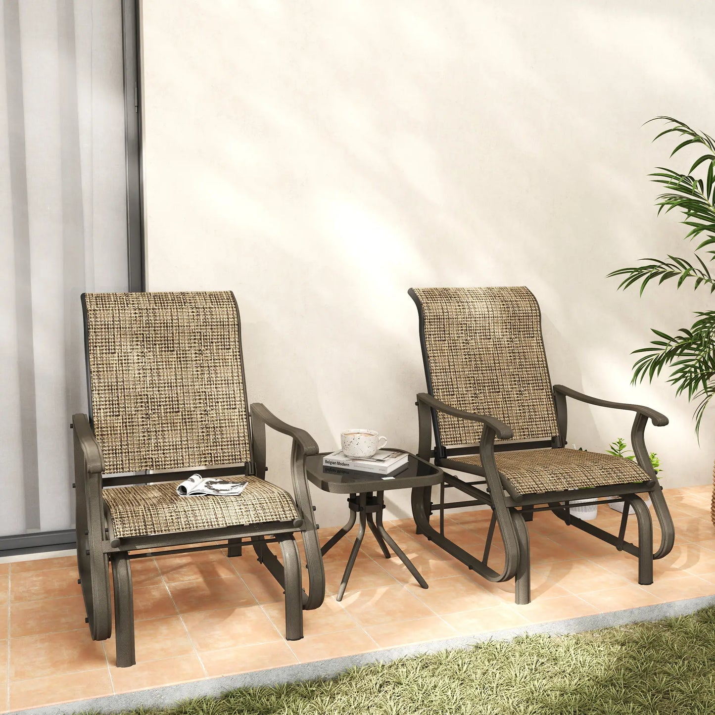 3PCs Gliding Rocking Chair, Bistro Tea Table Set, Brown Outdoor Gliders at Gallery Canada