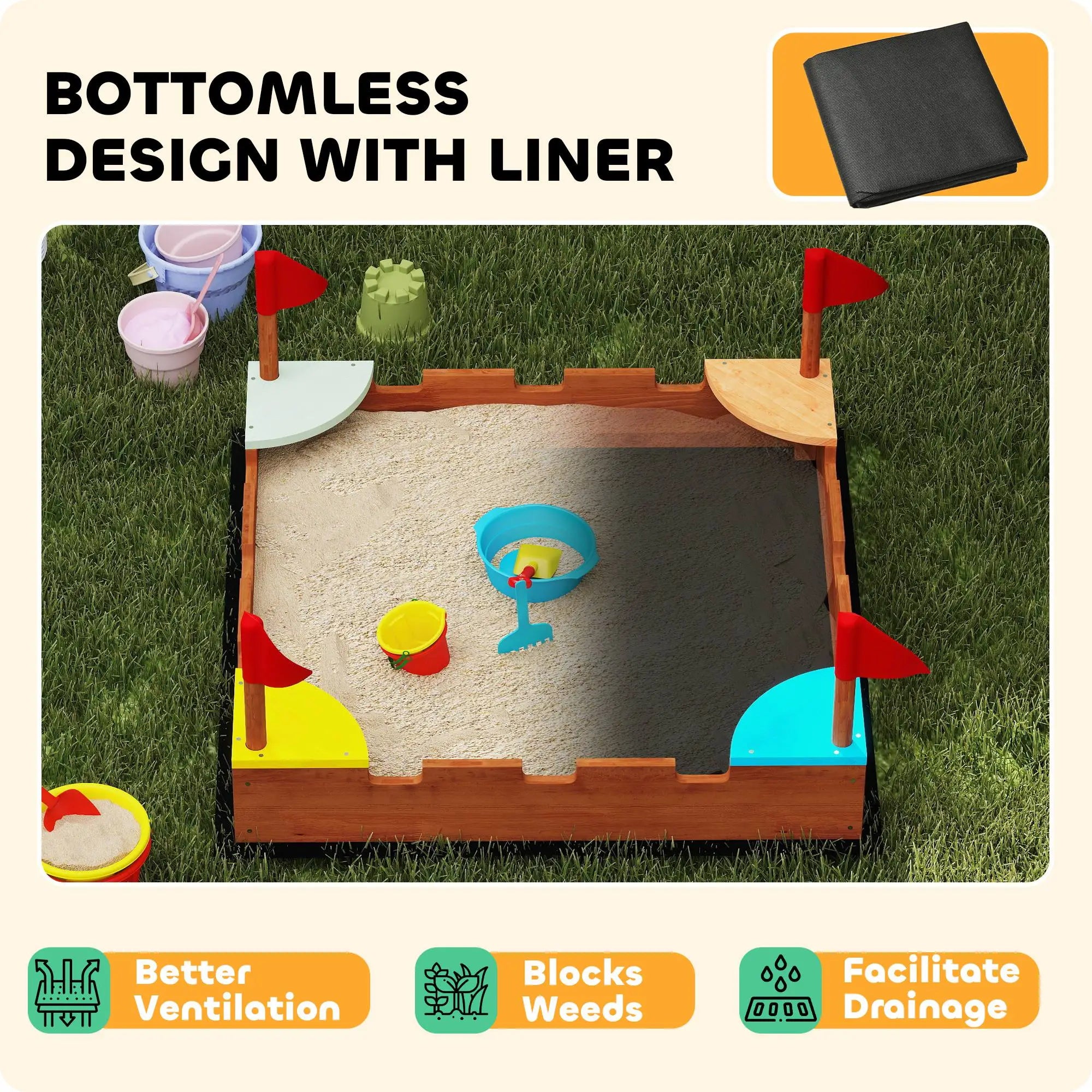 Kids Wooden Sandbox, 4 Colorful Seats, Ground Liner, Brown Sandboxes & Accessories at Gallery Canada