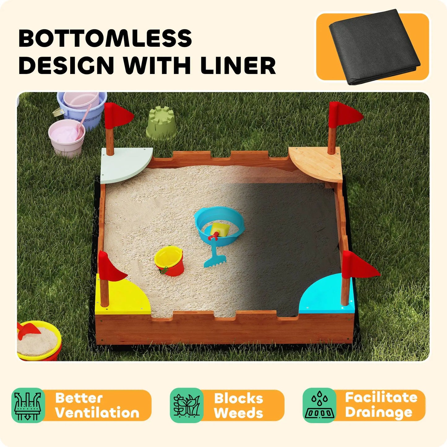 Kids Wooden Sandbox, 4 Colorful Seats, Ground Liner, Brown Sandboxes & Accessories at Gallery Canada