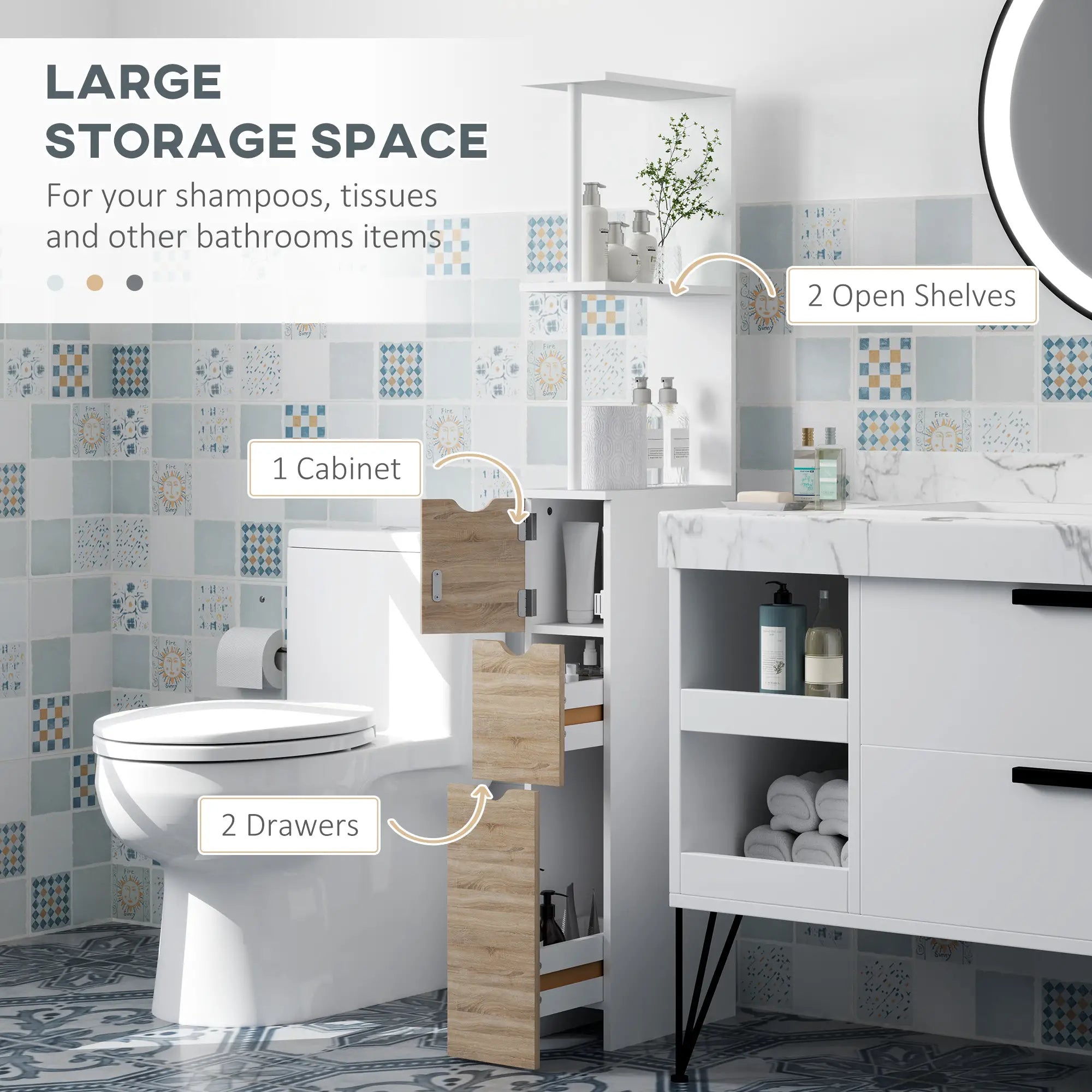 Tall Bathroom Storage Cabinet, Narrow Bathroom Cabinet with Drawers and Open Shelves for Small Spaces, Natural Wood Freestanding Bathroom Cabinets at Gallery Canada