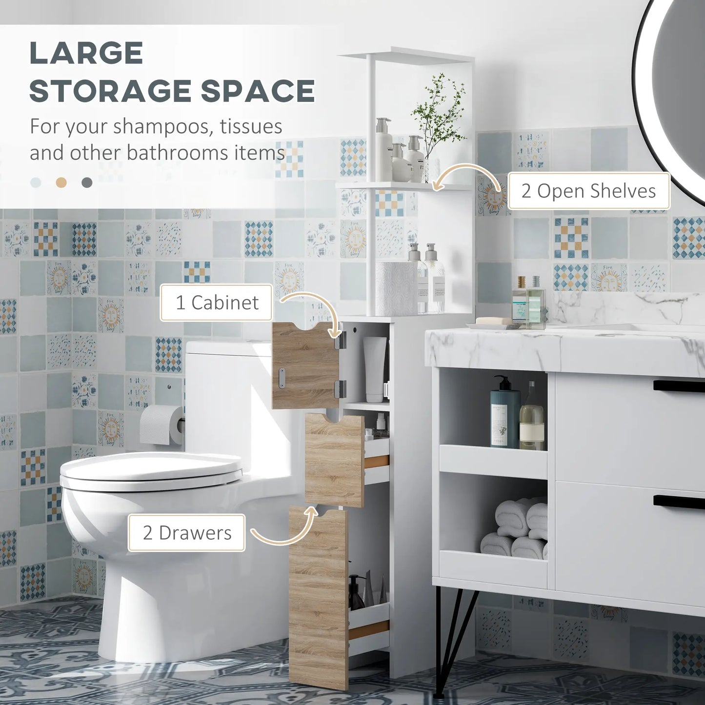 Tall Bathroom Storage Cabinet, Narrow Bathroom Cabinet with Drawers and Open Shelves for Small Spaces, Natural Wood Freestanding Bathroom Cabinets at Gallery Canada