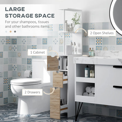 Tall Bathroom Storage Cabinet, Narrow Bathroom Cabinet with Drawers and Open Shelves for Small Spaces, Natural Wood Freestanding Bathroom Cabinets at Gallery Canada