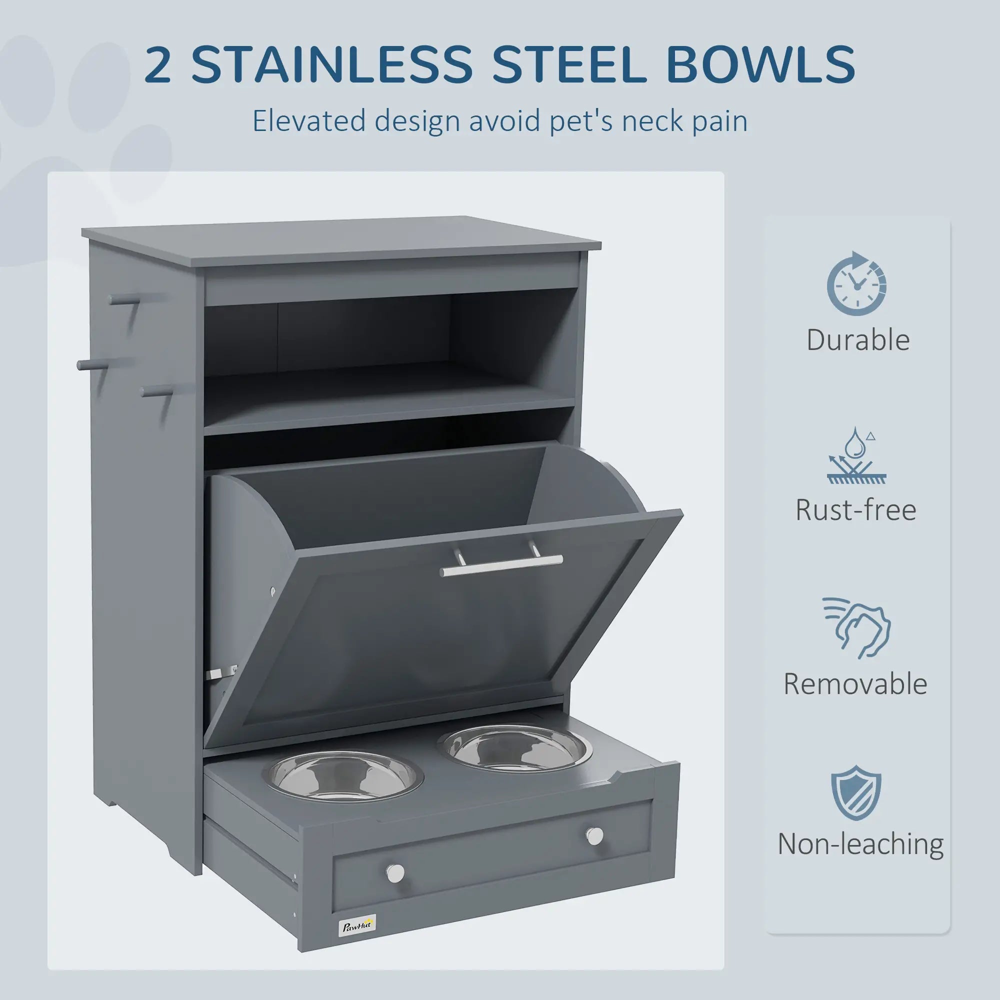 Pet Feeder Storage Cabinet, Dog Food Container with Bowls, Grey Dog Bowls at Gallery Canada