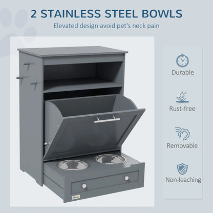 Pet Feeder Storage Cabinet, Dog Food Container with Bowls, Grey Dog Bowls at Gallery Canada