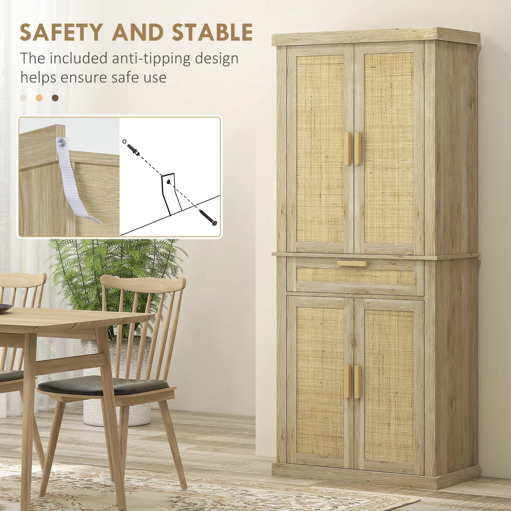 72" Kitchen Storage Cabinet, Rattan Pantry, 4 Doors, Drawer, 5-Tier Shelf, Oak Kitchen Pantry Cabinets at Gallery Canada