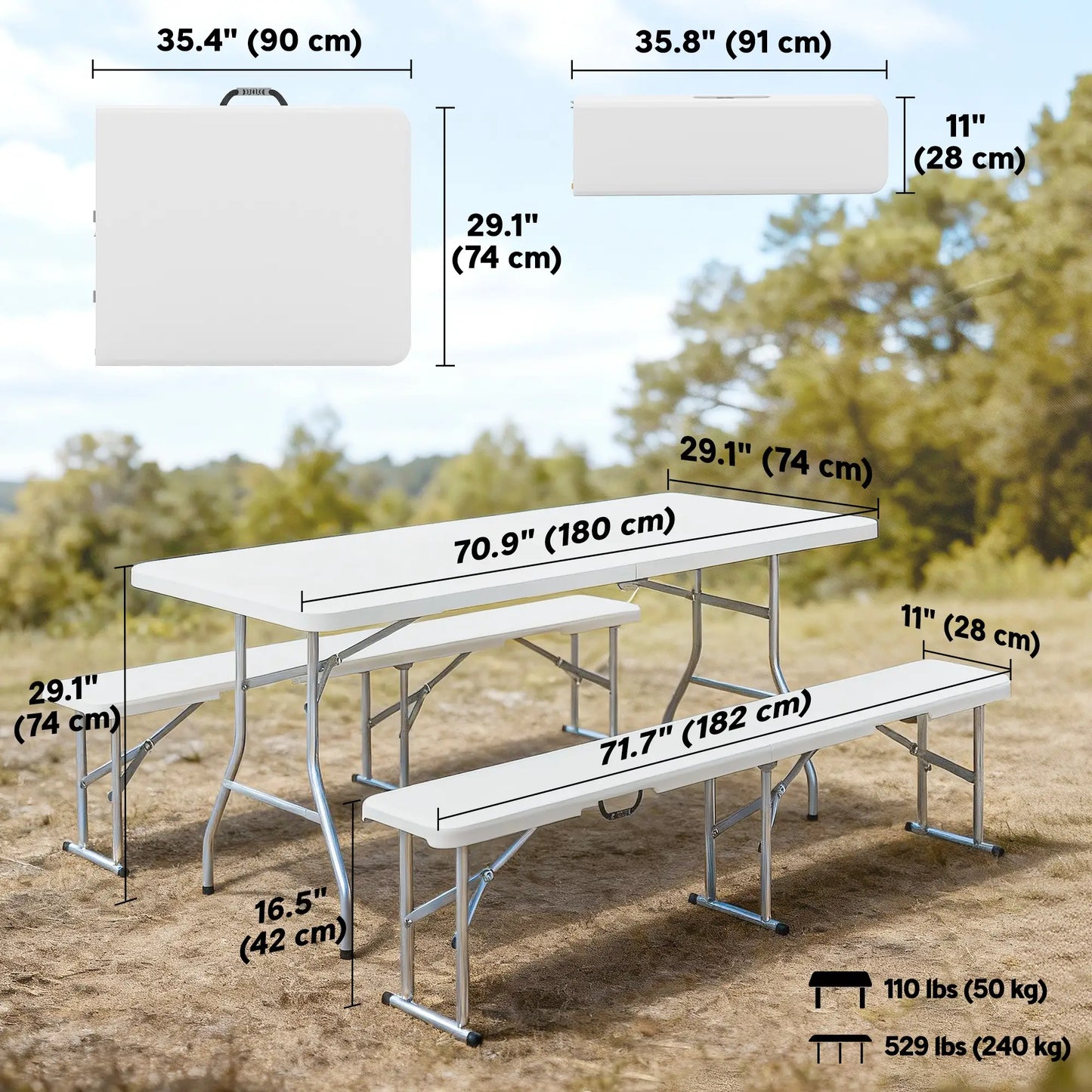 6FT Portable Camping Table Bench Set, Folding Picnic Table with 2 Benches, White Picnic Tables & Camping Chairs at Gallery Canada