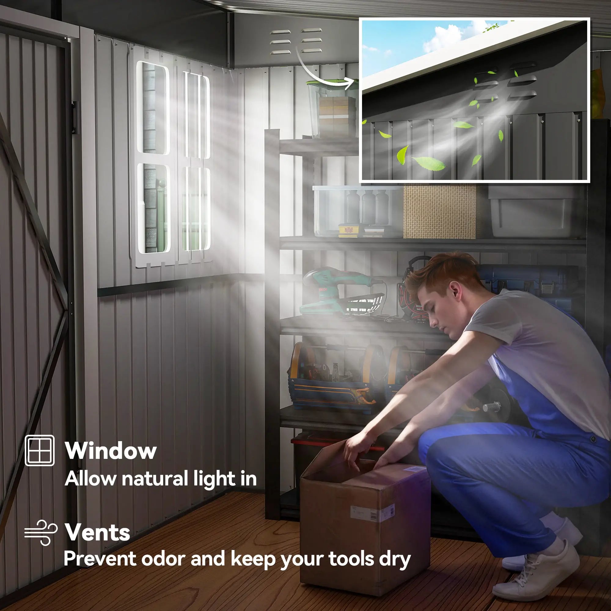 8.5' x 6' Galvanised Steel Outdoor Storage Shed, Lockable Doors, Dark Grey Sheds at Gallery Canada