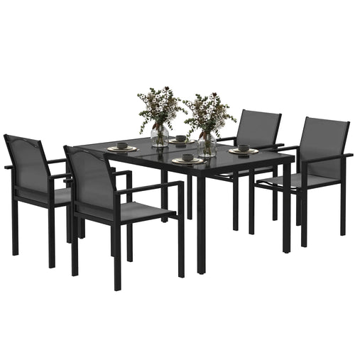 5 Piece Patio Dining Set, 4 Stackable Chairs, Tempered Glass Top