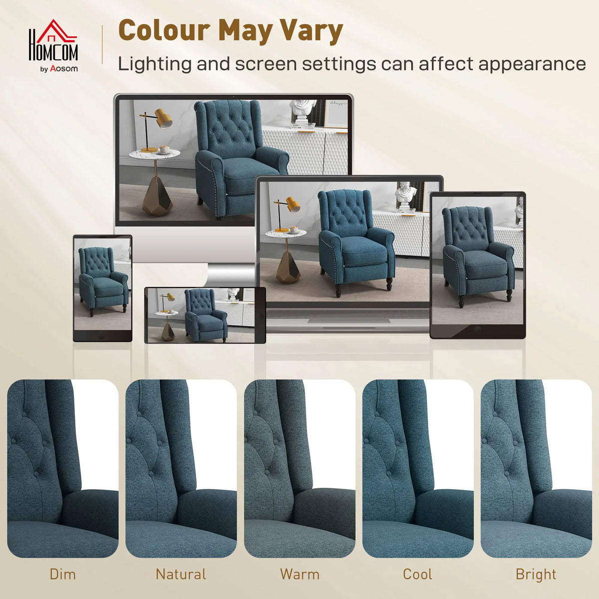 Wingback Reclining Chair with Footrest, Button Tufted, Blue