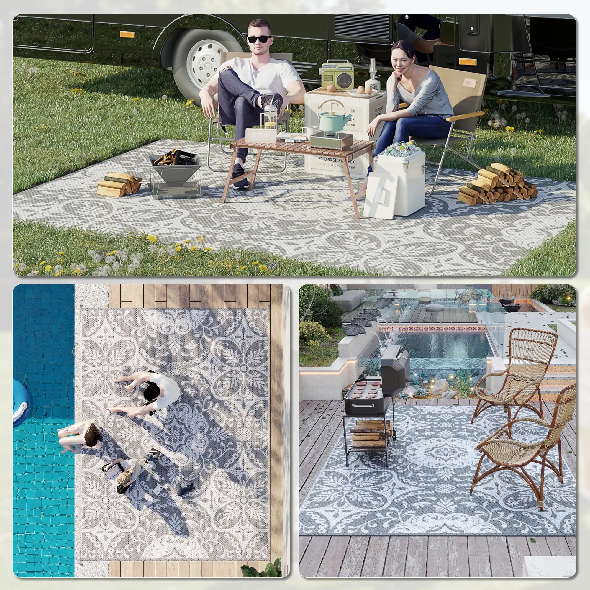 Portable Outdoor Rug, 9' x 12', Waterproof, White Flower, Gray Outdoor Reversible Rugs at Gallery Canada