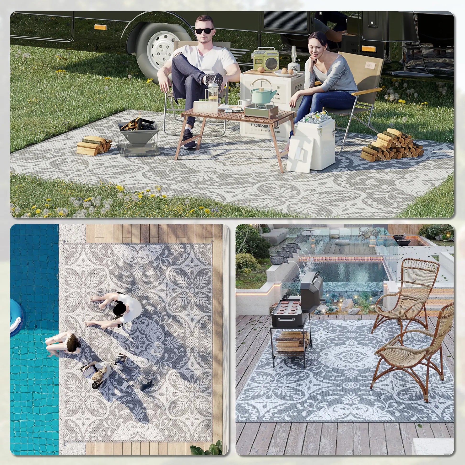 Portable Outdoor Rug, 9' x 12', Waterproof, White Flower, Gray Outdoor Reversible Rugs at Gallery Canada