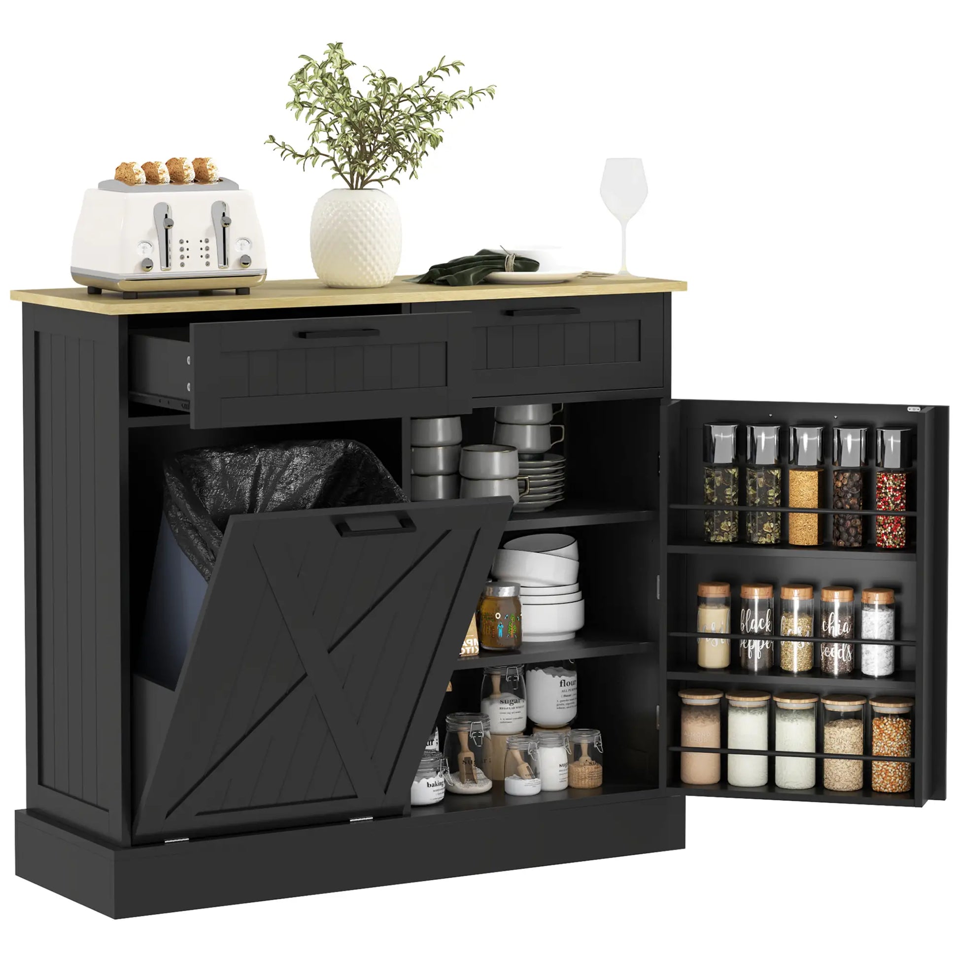 10 Gallon Hidden Garbage Bin Cabinet, Tilt Out Trash, 2 Drawers, Black Bar Cabinets Black, Oak at Gallery Canada