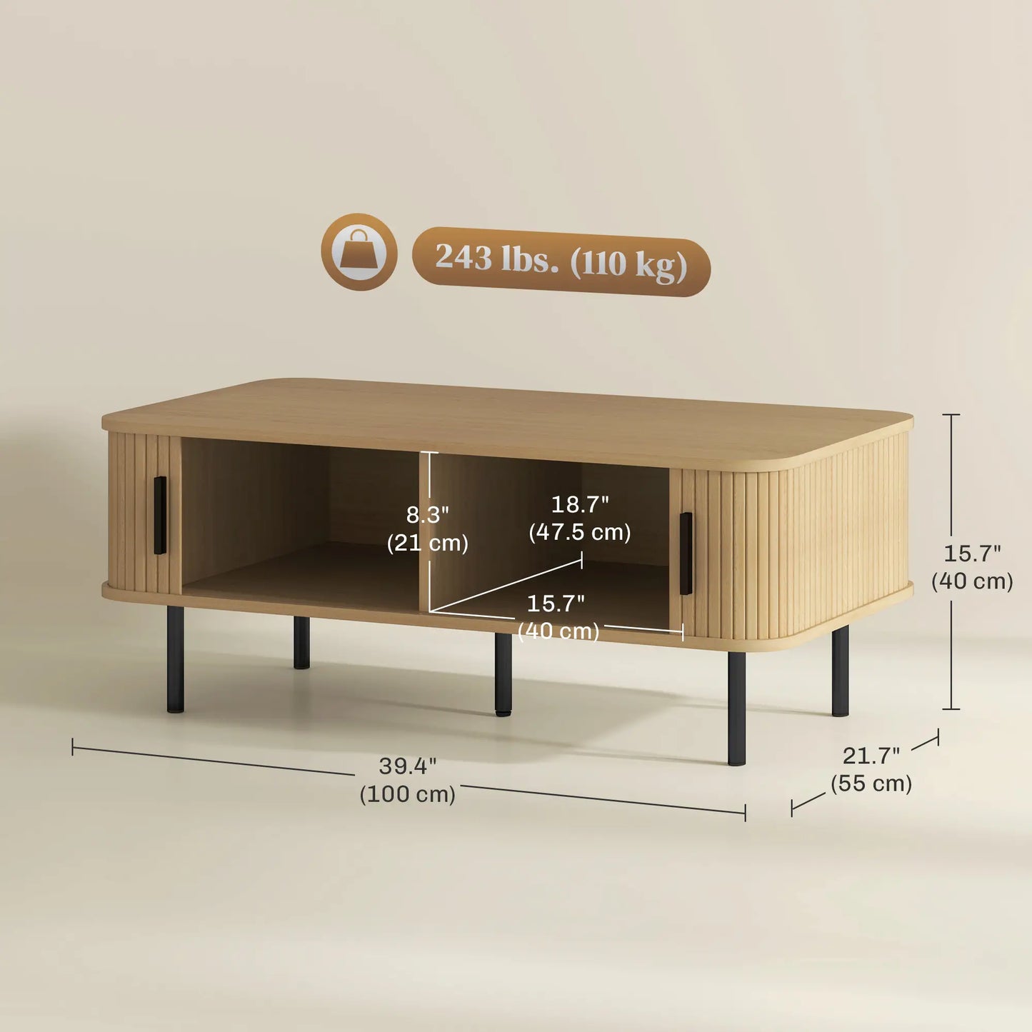 Coffee Table with Storage, Nordic Side Table, Slatted Tambour Doors, Steel Legs, Oak Coffee Tables at Gallery Canada