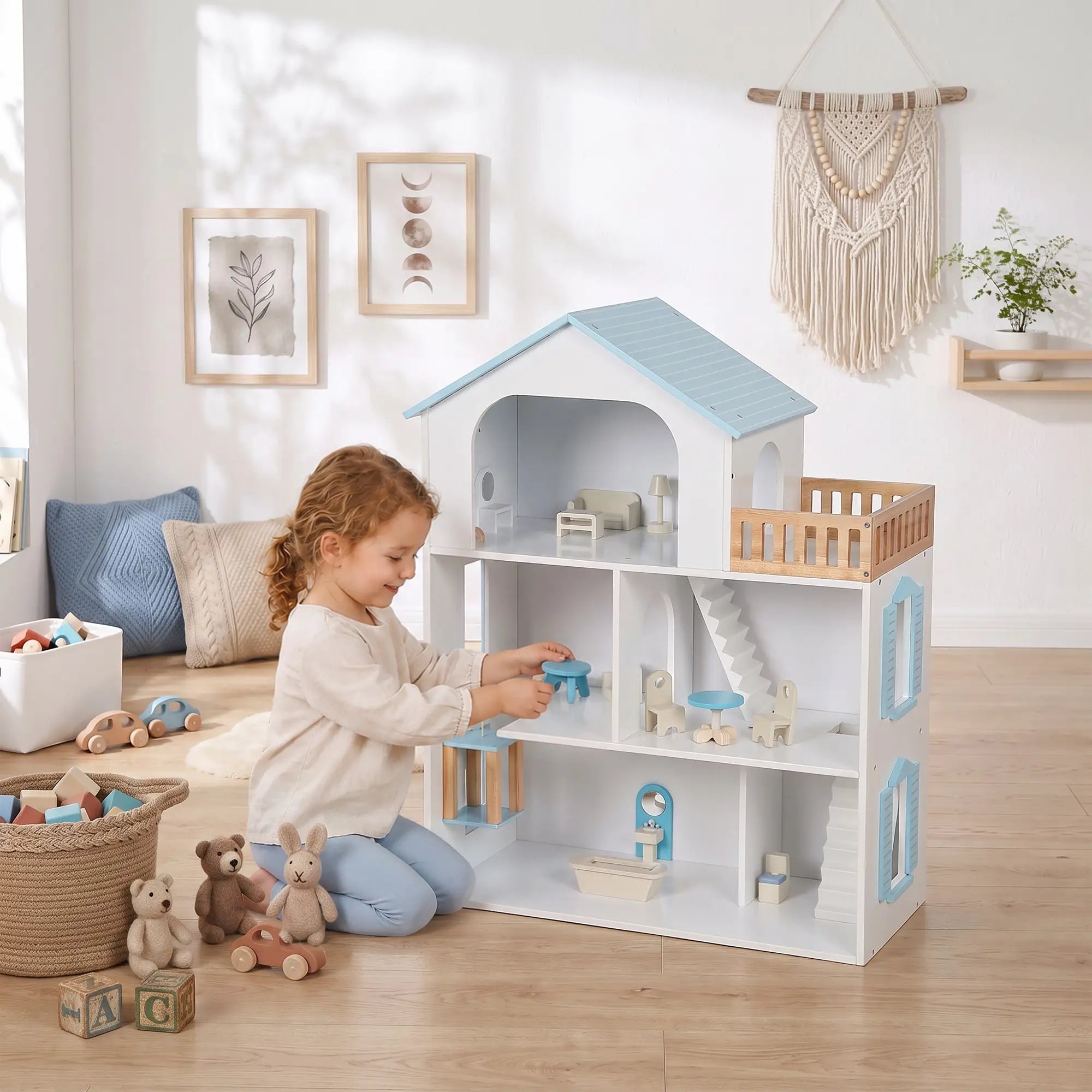 Wooden Doll House with Elevator, 5 Rooms, 13 Accessories, Blue Play Houses at Gallery Canada