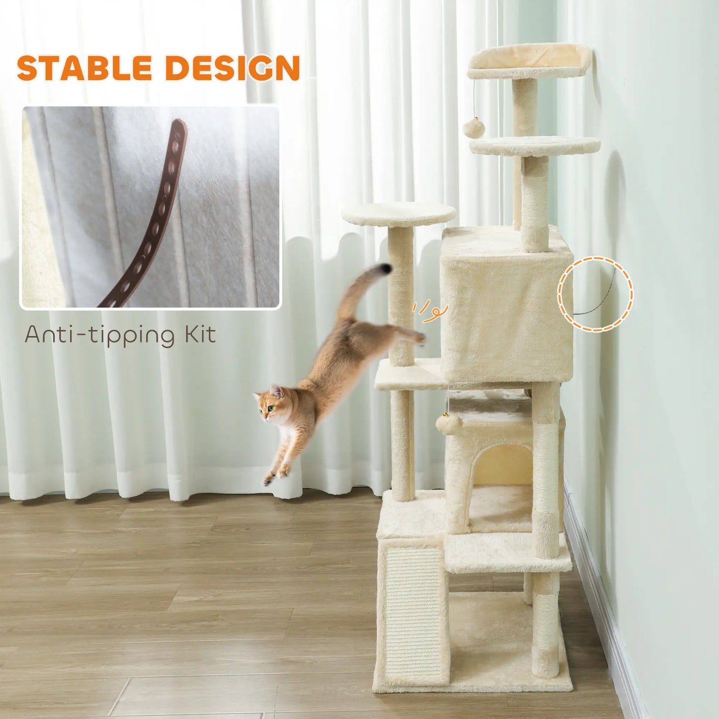 63" Cat Tree, Multi-Level Cat Tower With Scratching Posts, Bed, Cream White