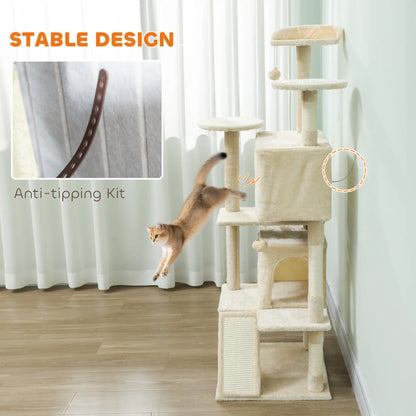 63" Cat Tree, Multi-Level Cat Tower With Scratching Posts, Bed, Cream White