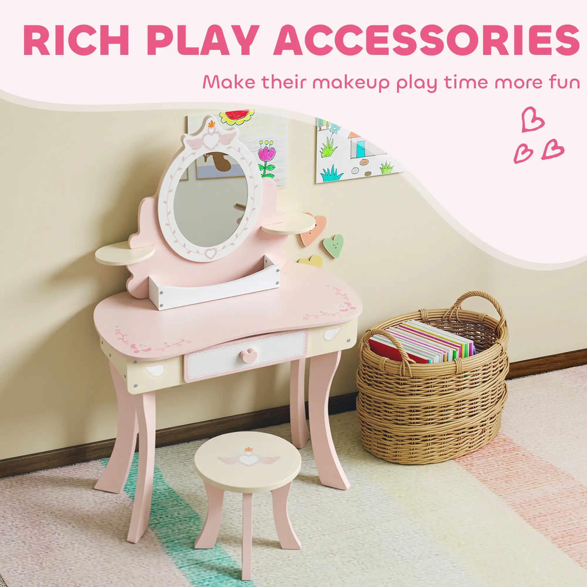 Kids Vanity Set with Mirror, Stool, 7 Accessories, Pink Toy Vanity at Gallery Canada