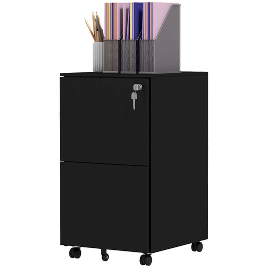 Vertical Steel Filing Cabinet on Wheels, 2-Drawer Lockable File Cabinet with Adjustable Hanging Bar for A4, Legal and Letter Size, Black - Gallery Canada