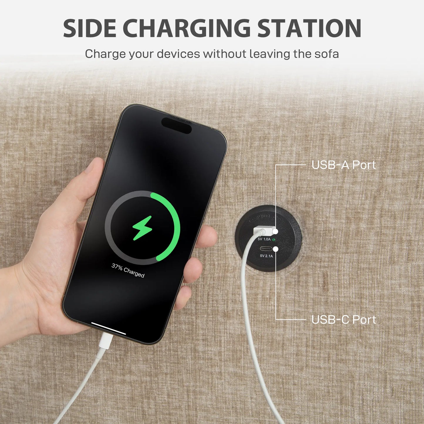 3 Seater Sofa with USB Ports, Cup Holders, Chenille Upholstery, Light Brown 3-Seater Sofas at Gallery Canada