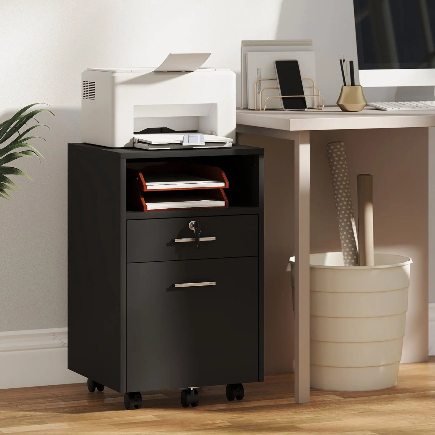 Small 2-Drawer Filing Cabinet, Lockable, on Wheels, A4 Letter Size, Black Office Cabinets & Cupboards at Gallery Canada