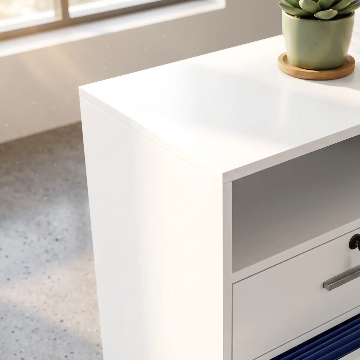File Cabinet, Locking Drawers, Open Shelves, 5 Casters, White