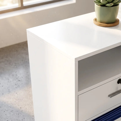 File Cabinet, Locking Drawers, Open Shelves, 5 Casters, White