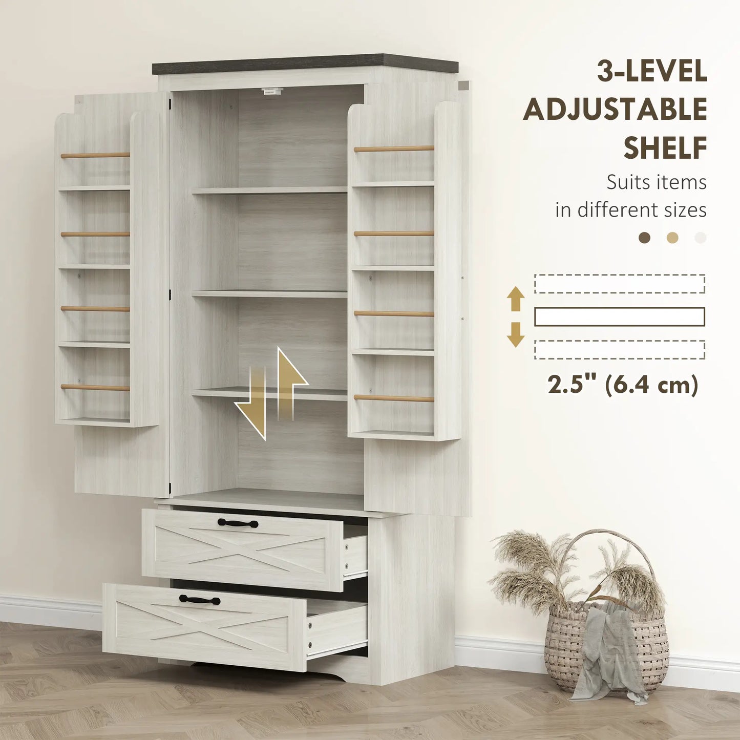 Farmhouse Kitchen Pantry, 64" Freestanding, Distressed, White Kitchen Pantry Cabinets at Gallery Canada