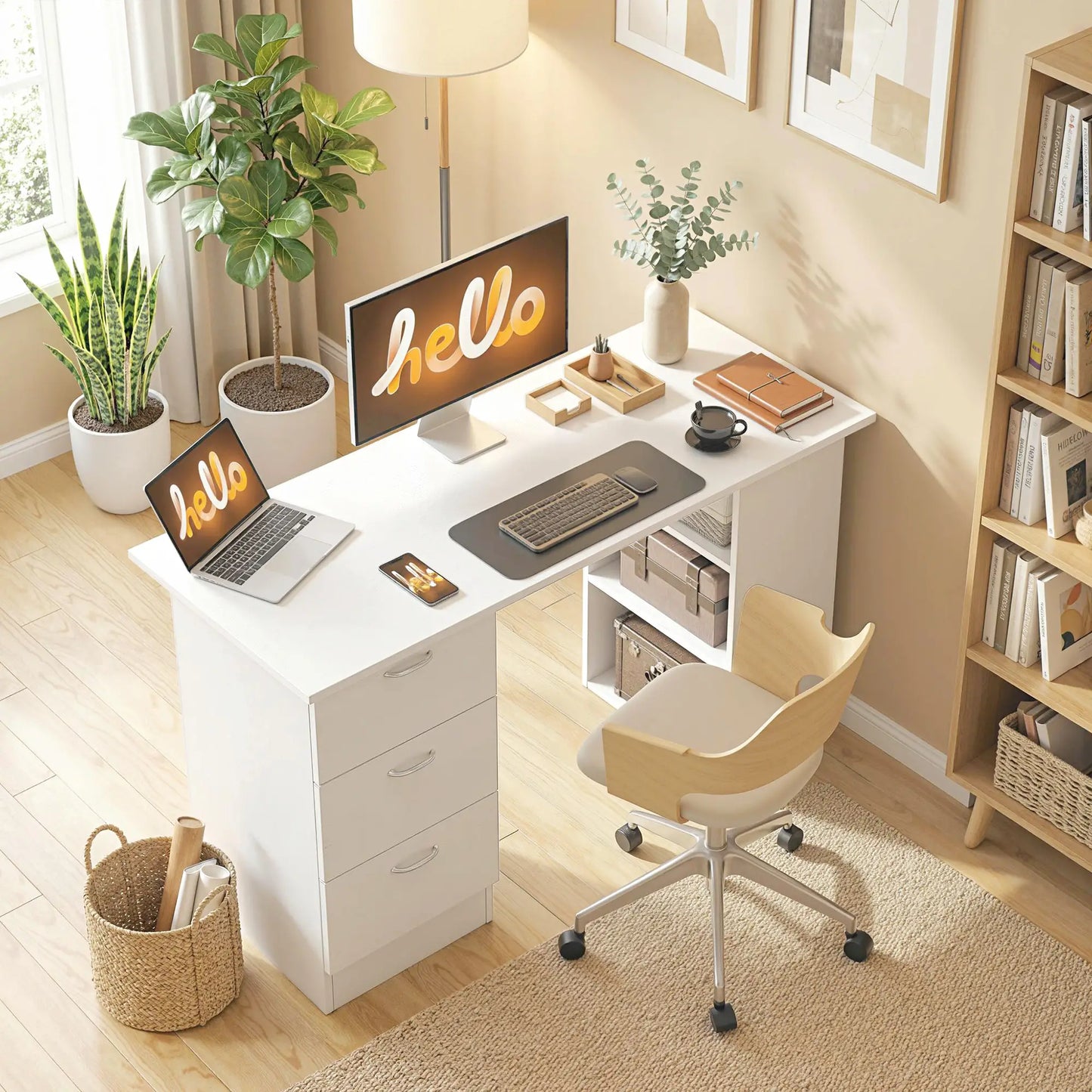 47 Inches Office Desk, 3-Tier Storage Shelves, Drawers, White Writing Desks at Gallery Canada