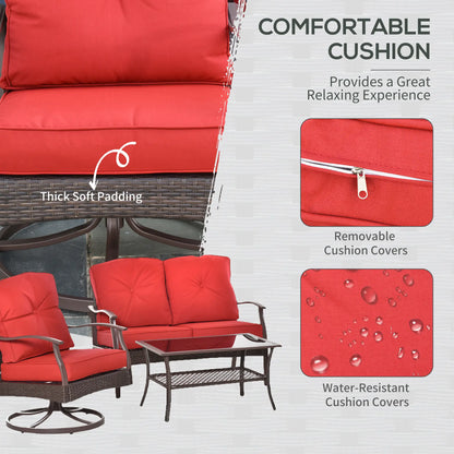 4 PCS PE Rattan Wicker Sofa Set, Outdoor Conversation Furniture, Two Tier Tea Table, Cushions, Red Patio Furniture Sets at Gallery Canada