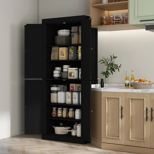 72.5" Freestanding Kitchen Pantry, 4 Doors, Black Kitchen Pantry Cabinets Black Wood Grain at Gallery Canada