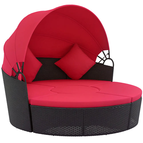 4-Piece Round Sofa Bed, Outdoor Daybed with Canopy, PE Rattan Wicker Lounge Chair