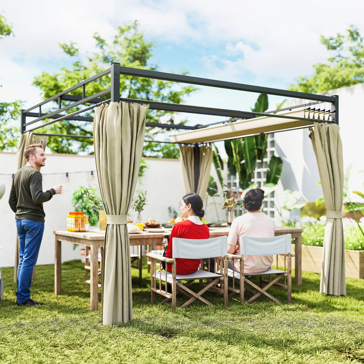10' x 10' Outdoor Gazebo, Retractable Pergola Canopy With Curtains, Beige Pergolas at Gallery Canada