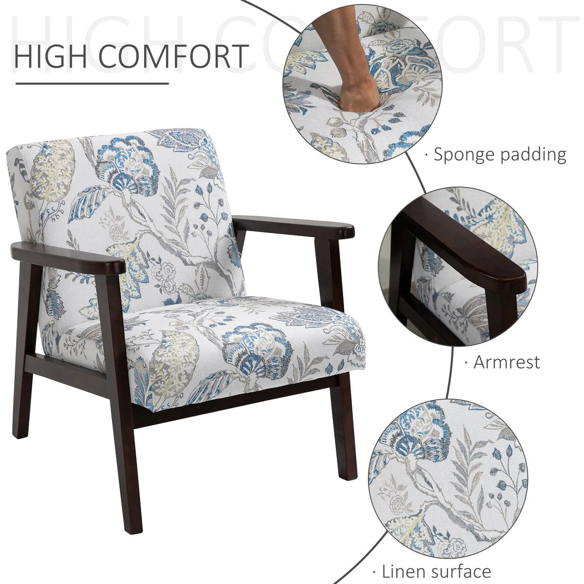 Mid-Century Modern Accent Chair, Retro Fabric Armchair, Wooden Arm, Floral Accent Chairs at Gallery Canada