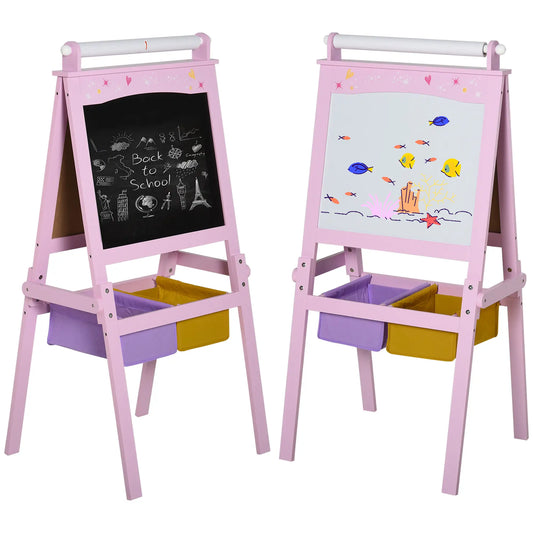 3 In 1 Kids Wooden Art Easel with Paper Roll Double-Sided Chalkboard &; Whiteboard with Storage Baskets Gift for Toddler Girl Age 3 Years+ Pink Kids Desk Sets Pink at Gallery Canada