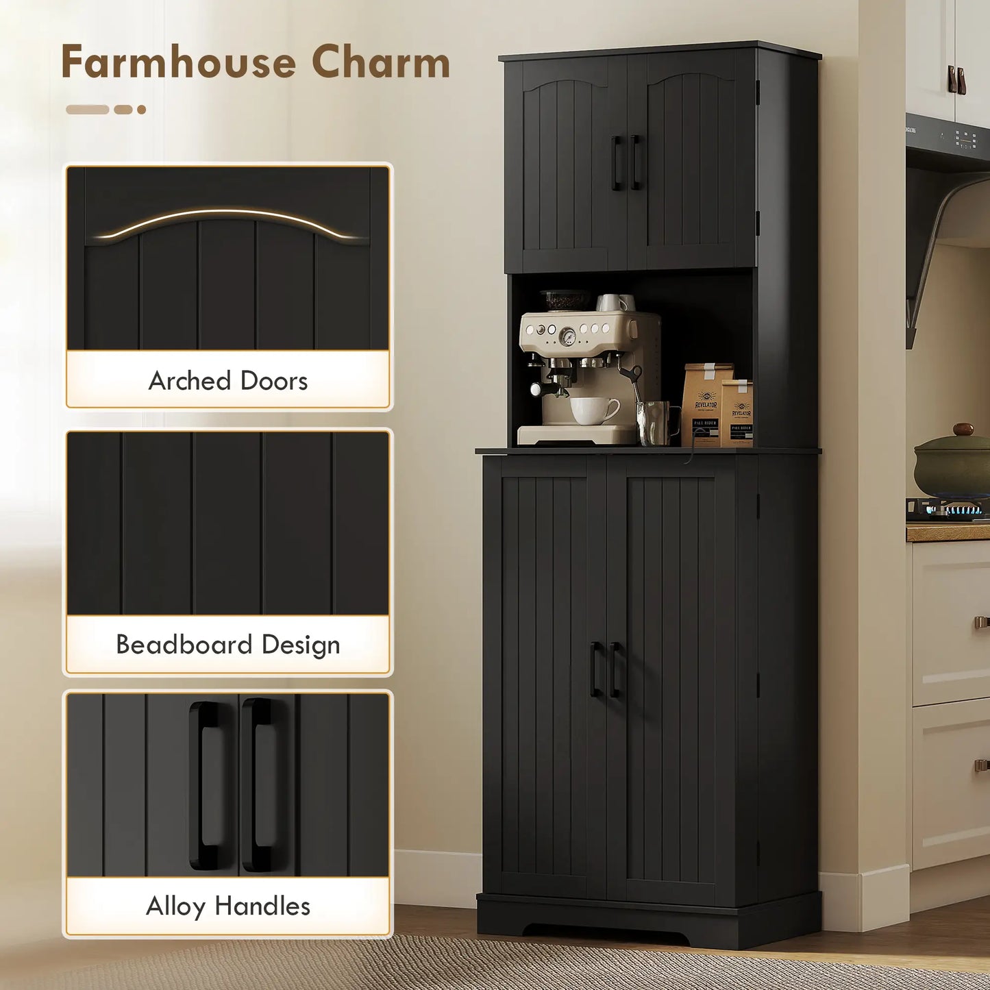71.5" Tall Pantry Cabinet, Farmhouse Kitchen Storage, Adjustable Shelves, Black Kitchen Pantry Cabinets at Gallery Canada