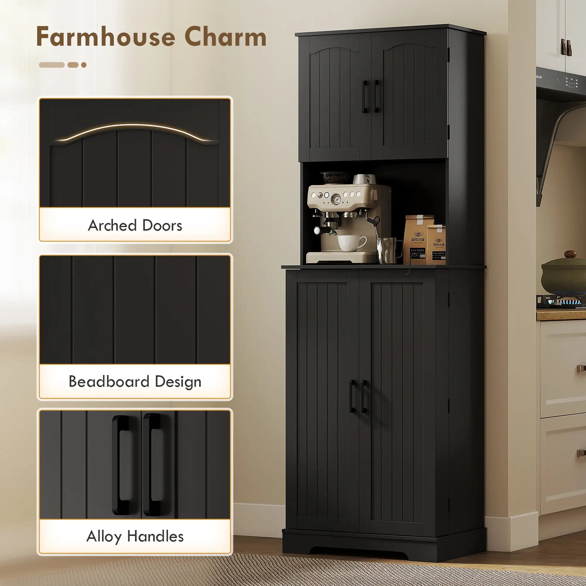 71.5" Tall Pantry Cabinet, Farmhouse Kitchen Storage, Adjustable Shelves, Black Kitchen Pantry Cabinets at Gallery Canada