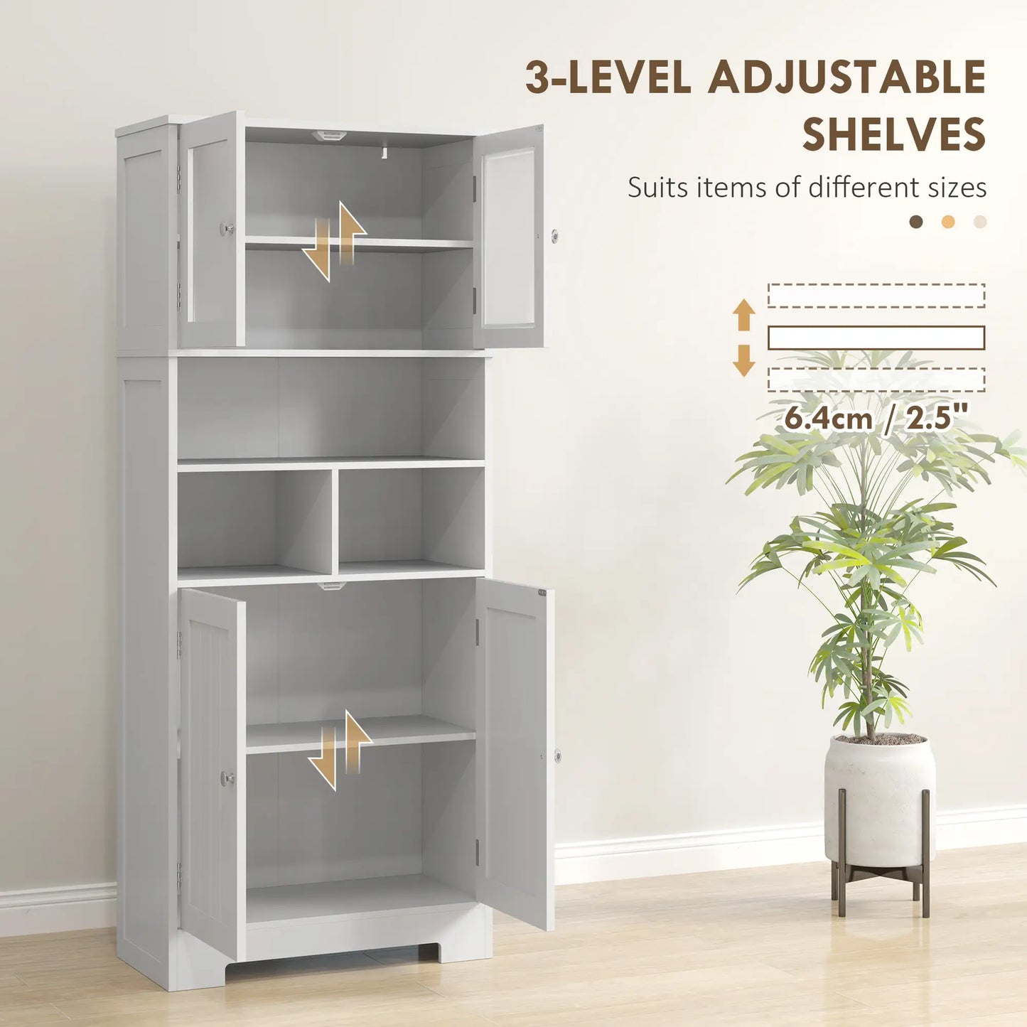 57" Kitchen Pantry, Freestanding Cabinet, Glass Doors, Adjustable Shelves, White Kitchen Pantry Cabinets at Gallery Canada
