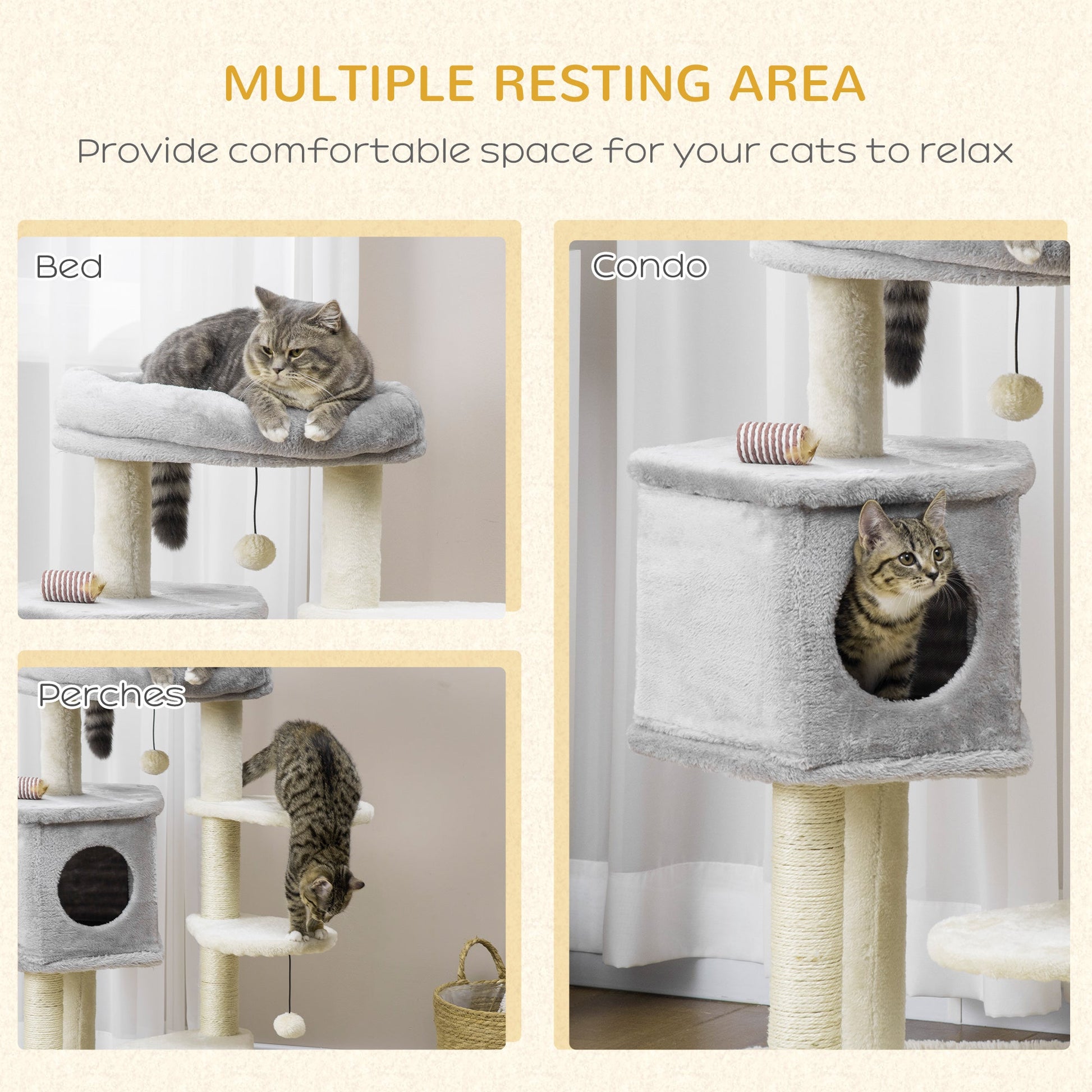 37" Cat Tree for Indoor Cats, Cat Tower, Kitty Activity Center with Cat Bed Condo Hanging Ball Toys Sisal Rope Scratching Post, Light Grey at Gallery Canada