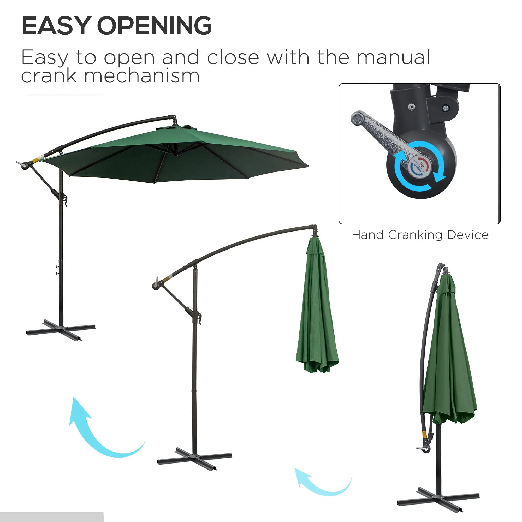 9.7ft Offset Patio Umbrella, 8 Ribs, Crank Handle, Cross Base, Green Offset Cantilever Umbrellas at Gallery Canada