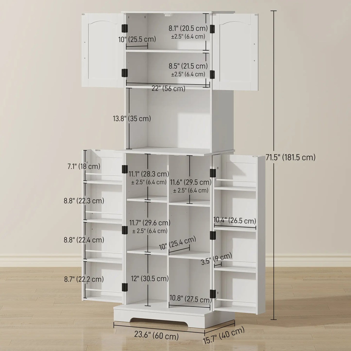 71.5" Tall Pantry Cabinet, Farmhouse Kitchen Storage, Adjustable Shelves, White Kitchen Pantry Cabinets at Gallery Canada