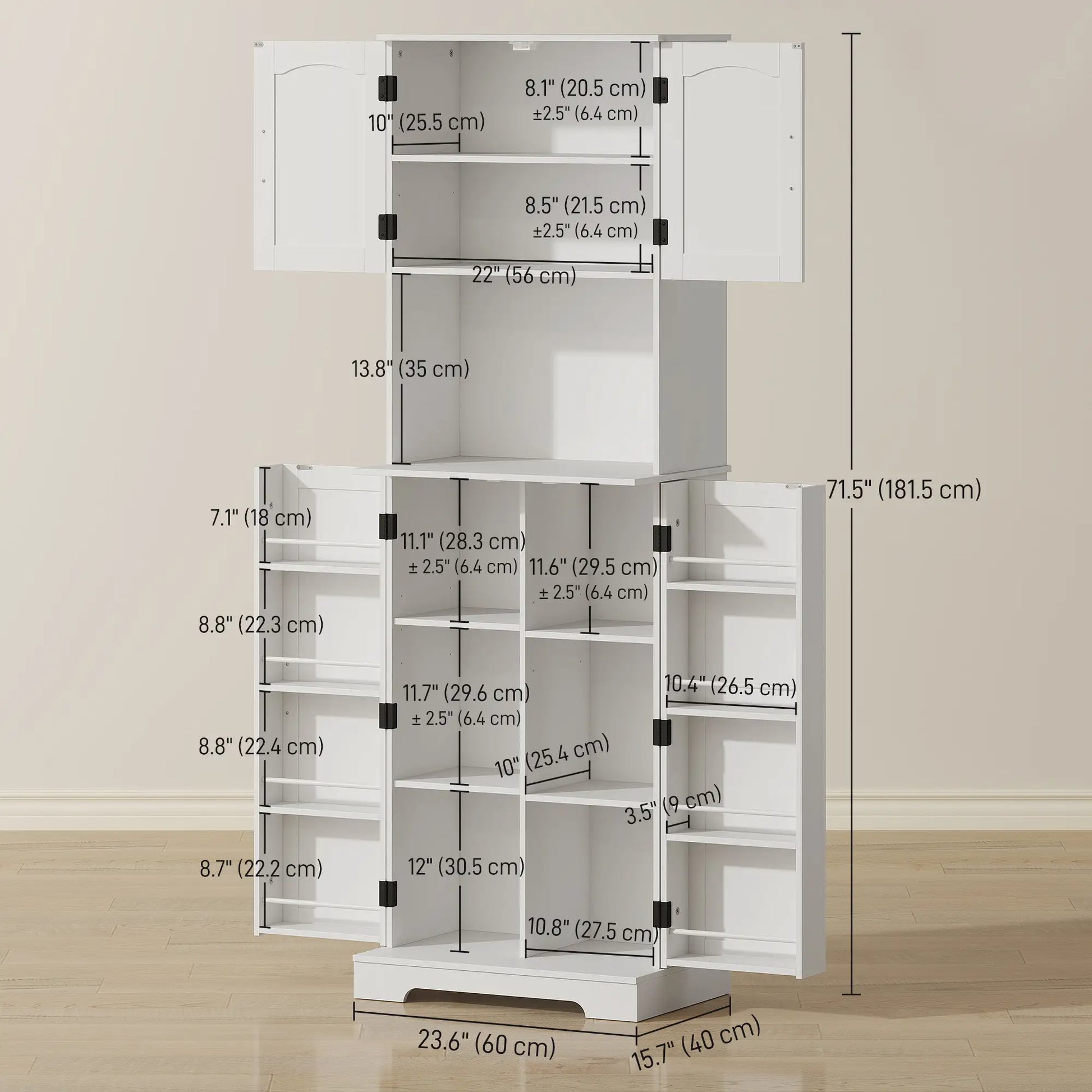 71.5" Tall Pantry Cabinet, Farmhouse Kitchen Storage, Adjustable Shelves, White Kitchen Pantry Cabinets at Gallery Canada