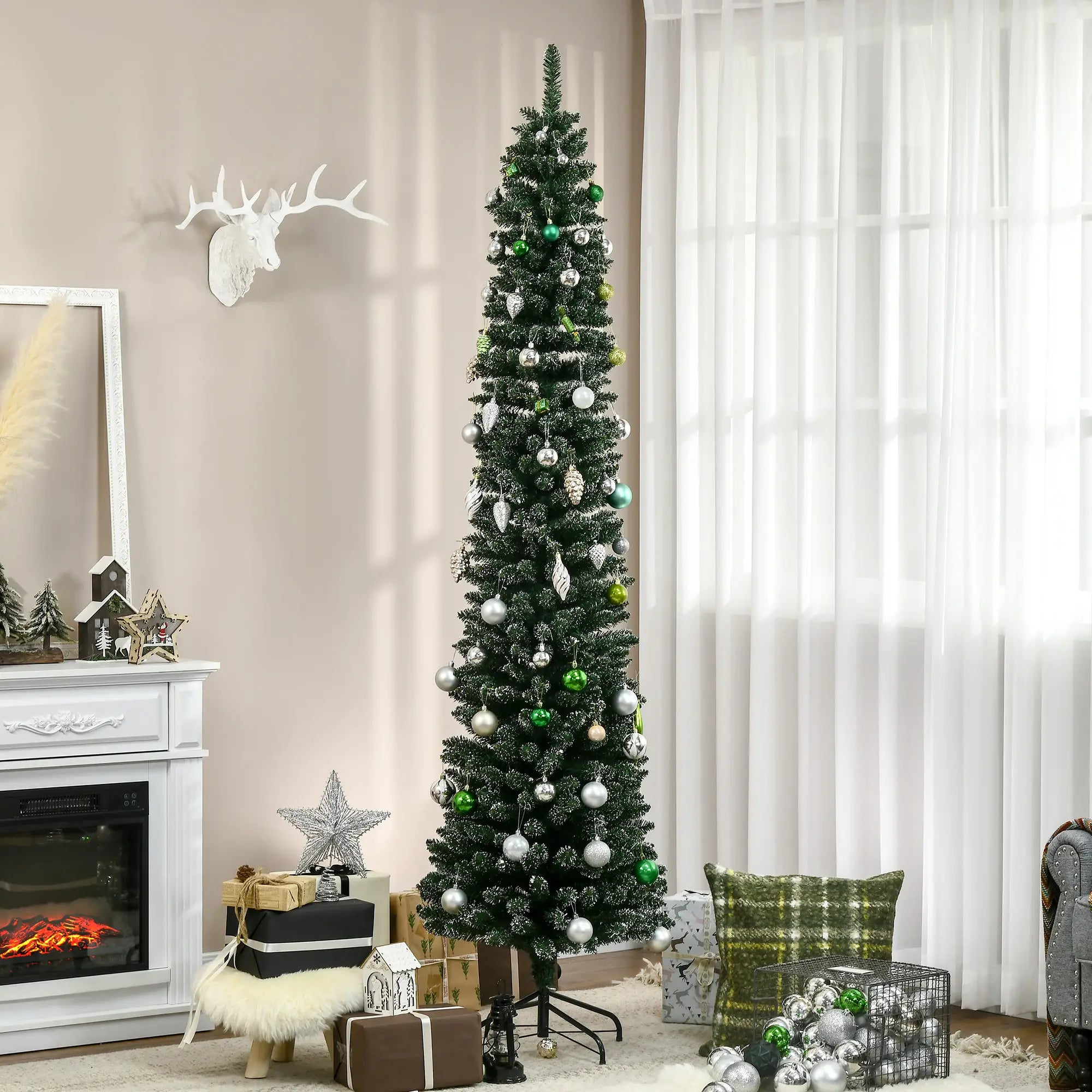 7.5FT Artificial Snow Dipped Christmas Tree, Foldable Stand, Green Pencil Christmas Trees at Gallery Canada