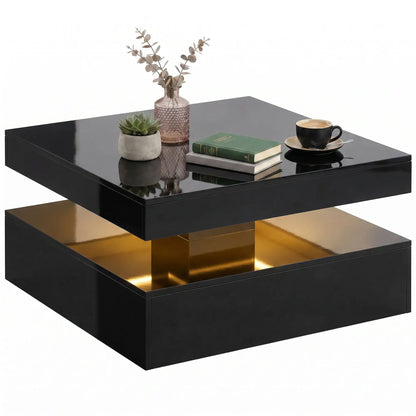 LED Coffee Table with Storage, 2-Tier Modern Center Table with Open Shelf and Remote for Living Room, High Gloss Black